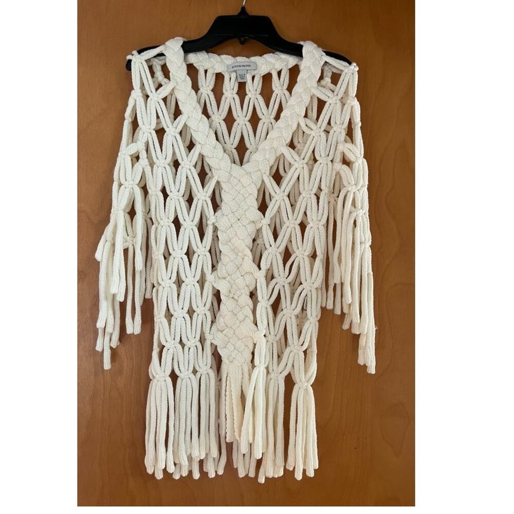 Macrame Chunky Open-Knit Fringe Boho Sweater | Sz S Ivory Boston Proper Festival